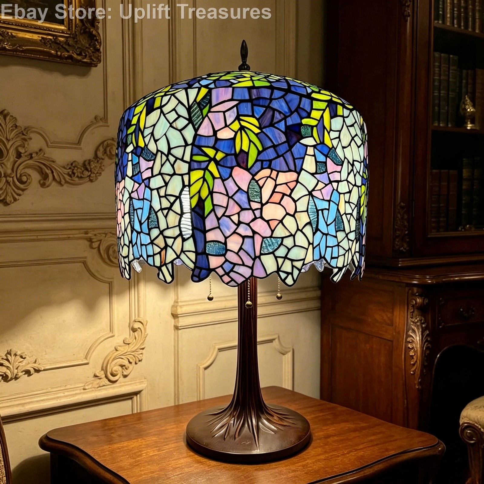 Large Wisteria Blue Stained Mosaic Glass Tiffany Table Lamp Limited Edition