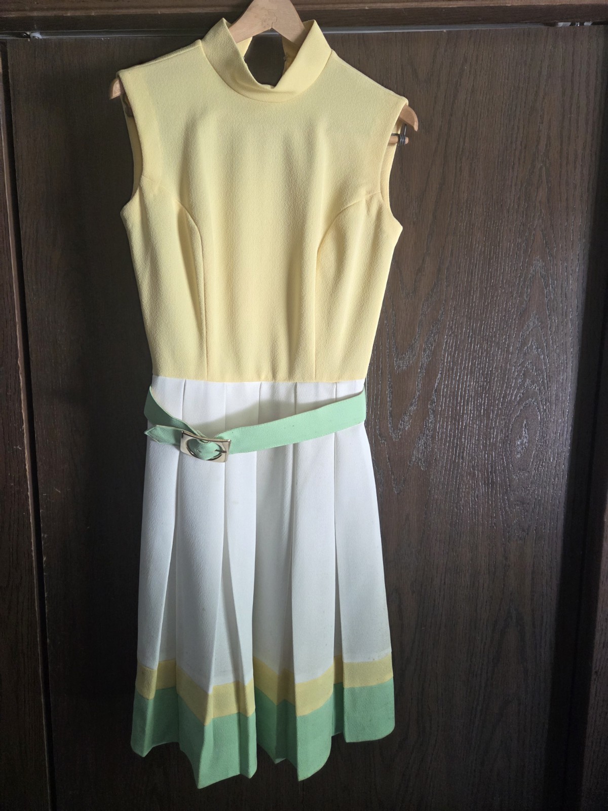 VTG 70s Double Knit Polyester Yellow/White/Green Fitted Lester Paul Medium Dress