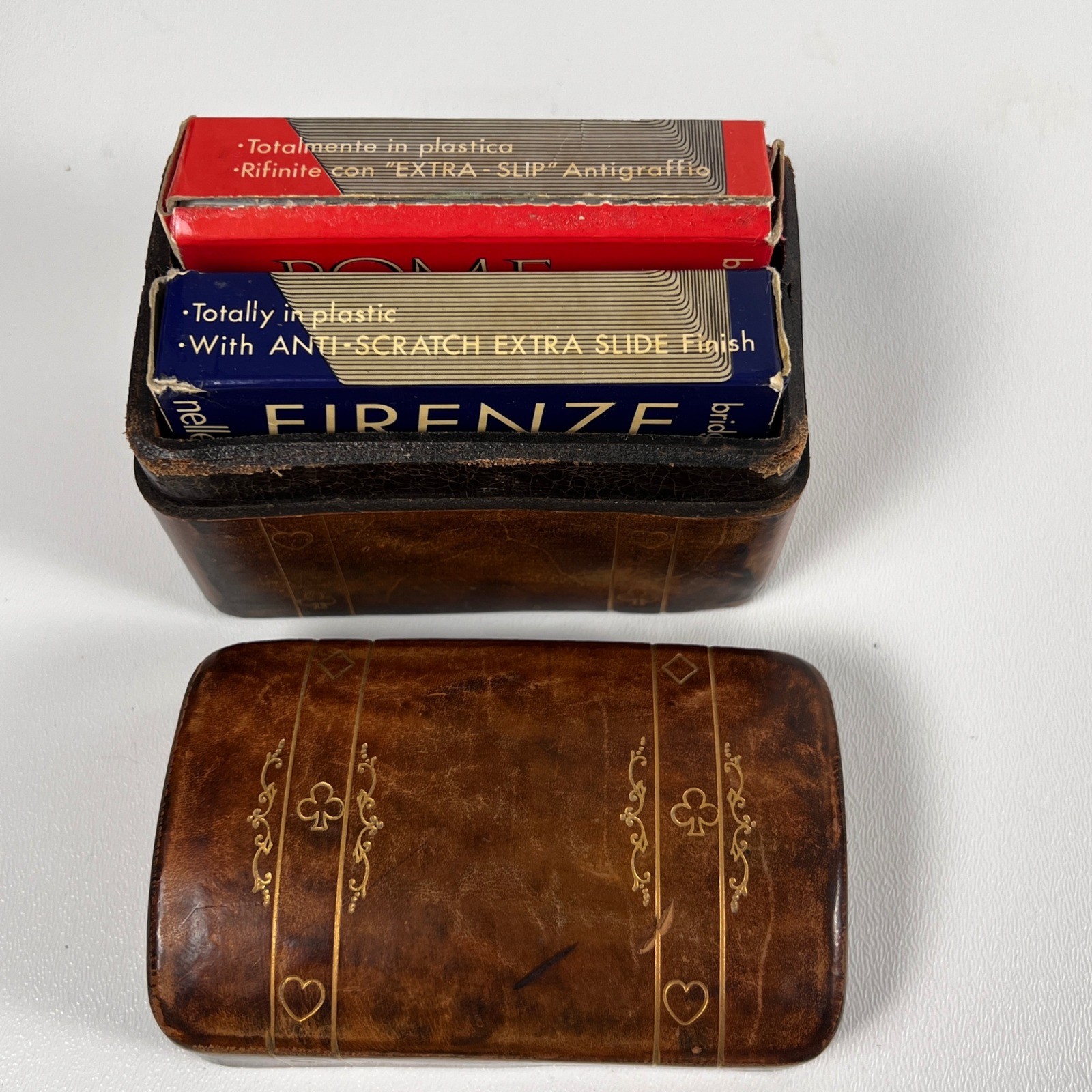 Vintage Florence Italy Leather Playing Card Box 2 Decks Firenze Rome Bridge