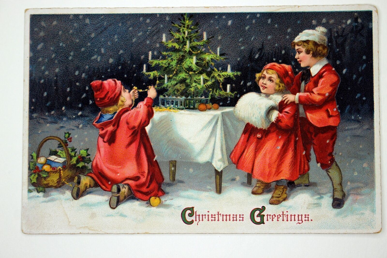 c.1911 Children Playing Christmas Tree w/Holly Embossed Postcard Tucson, AZ #84