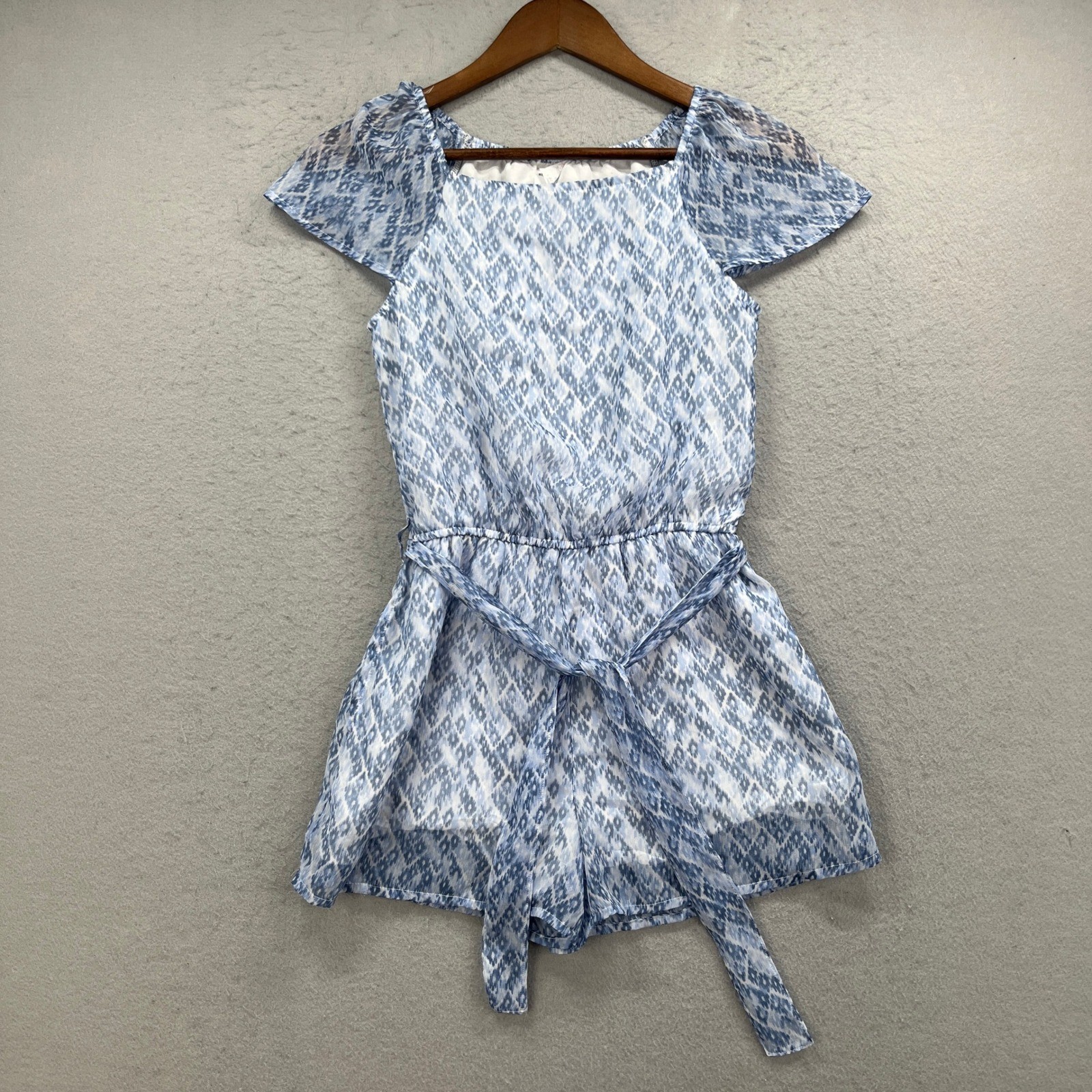 Abercrombie Kids Romper Girls 13/14 Blue Ikat Chiffon Flutter Sleeve Summer Boho