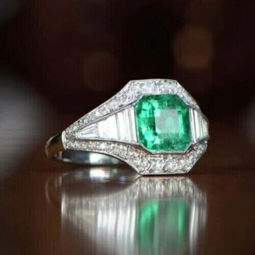 2.54CT Asscher Cut Real Green Emerald Vintage Jewelry Ring 14K White Gold Over 2.54CT Asscher Cut Real Green Emerald Vintage Jewelry Ring 14K White Gold Over