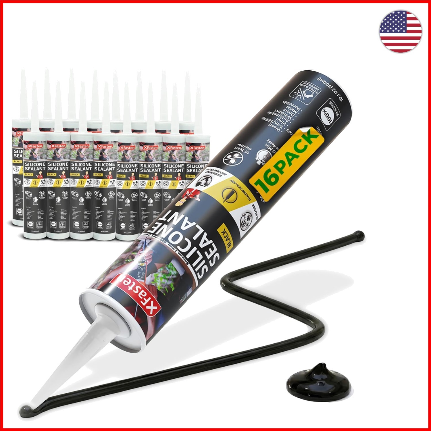 Black Silicone Caulk 16-Pack, 10.1oz - Waterproof, Odorless Protection