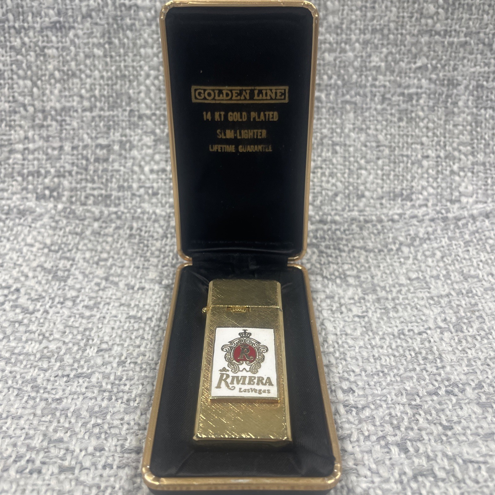 The Riviera Las Vegas 14k Gold Plate Slim Lighter In Case Made In The USA