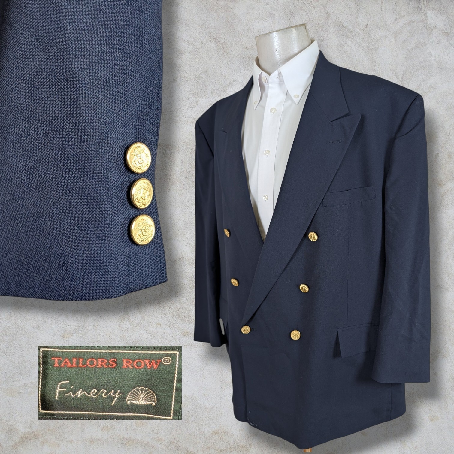 Tailors Row Finery Blazer Sport Coat Mens 50R Solid Blue Gold buttons Wool Tailors Row Finery Blazer Sport Coat Mens 50R Solid Blue Gold buttons Wool