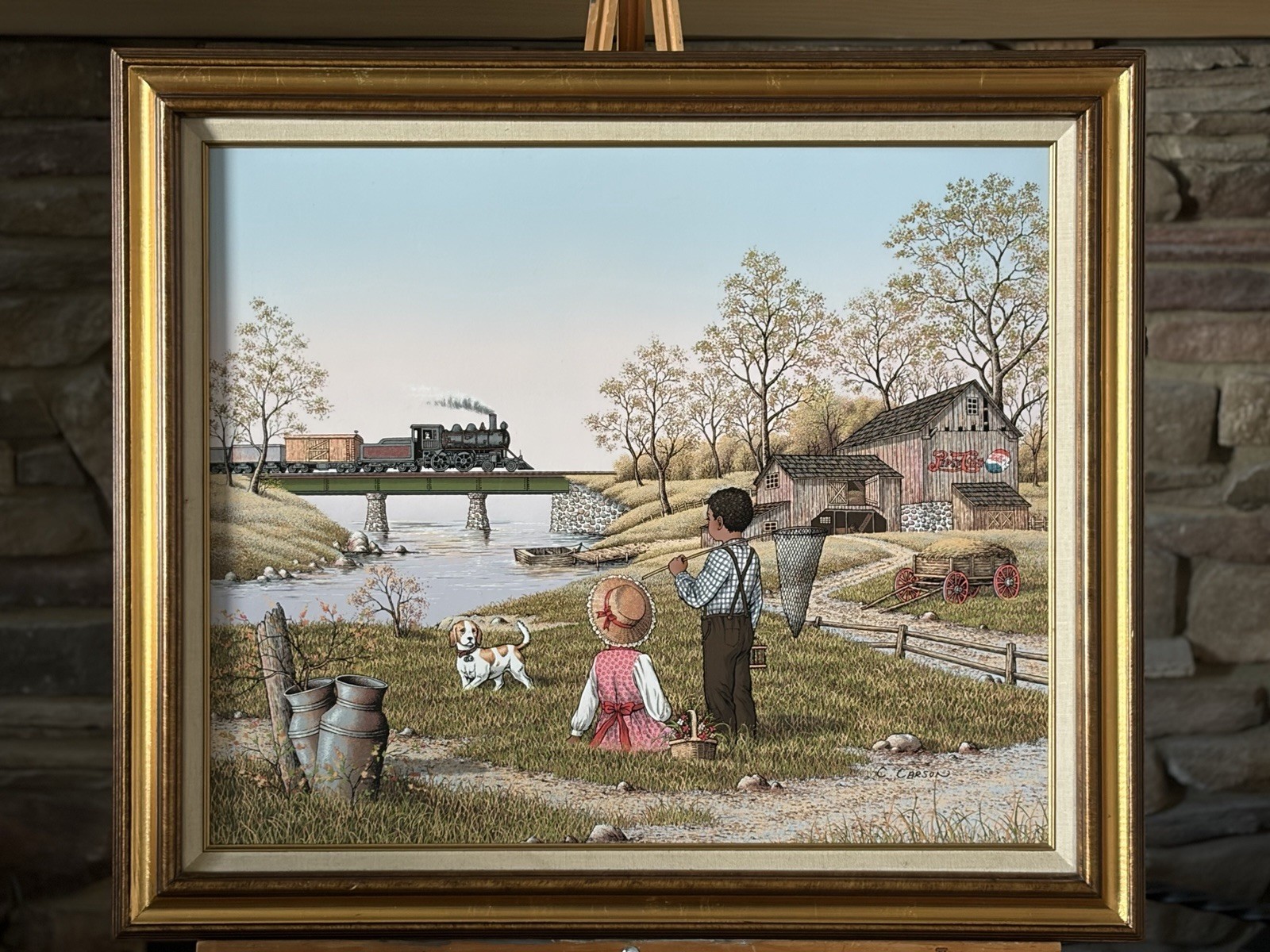 Vintage C. Carson Americana Train Bridge Pepsi Barn Kids Dog Framed Signed 28x25