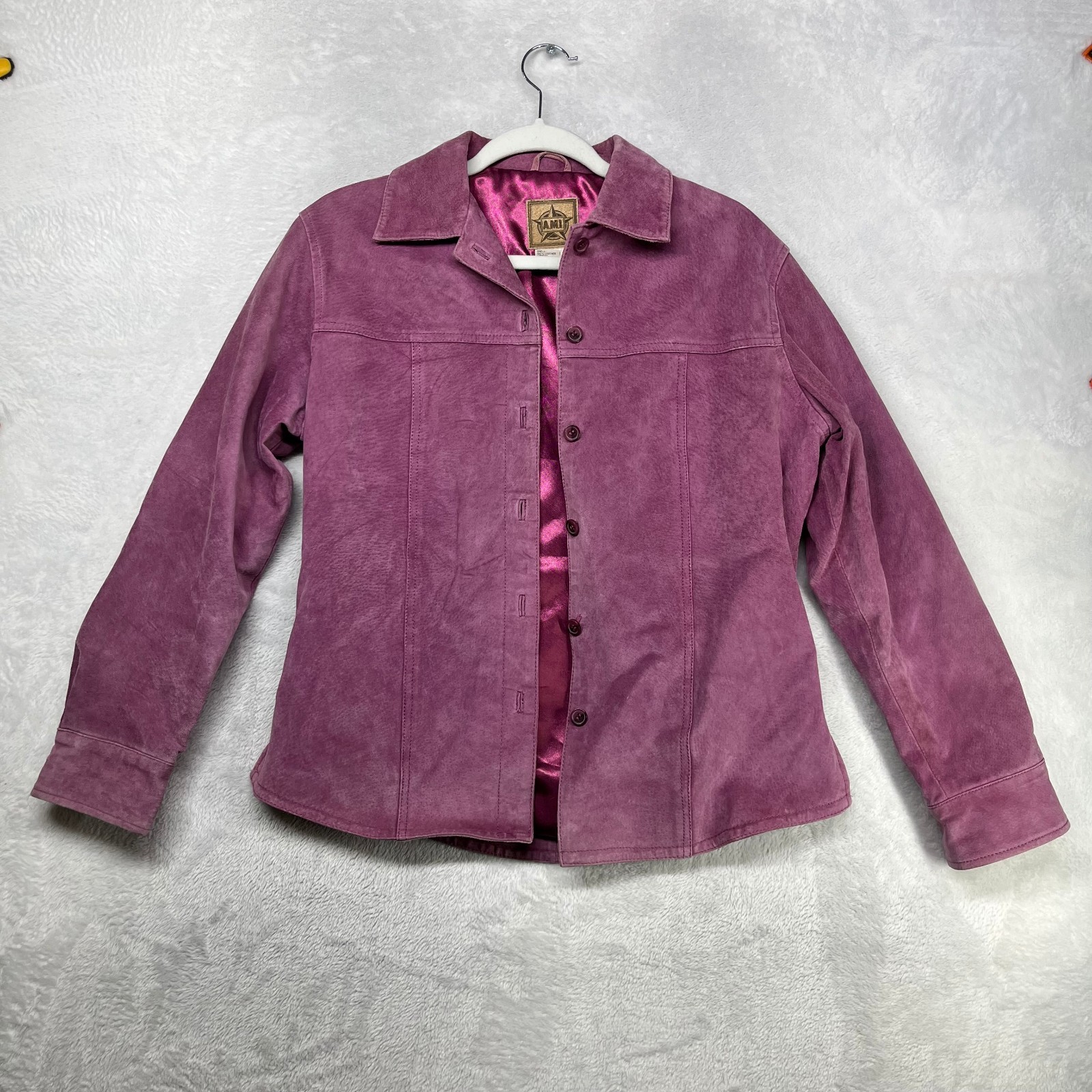 Vintage A.M.I. Jacket Women\'s Purple Leather Long Sleeve Button Up - Small Vintage A.M.I. Jacket Women\'s Purple Leather Long Sleeve Button Up - Small