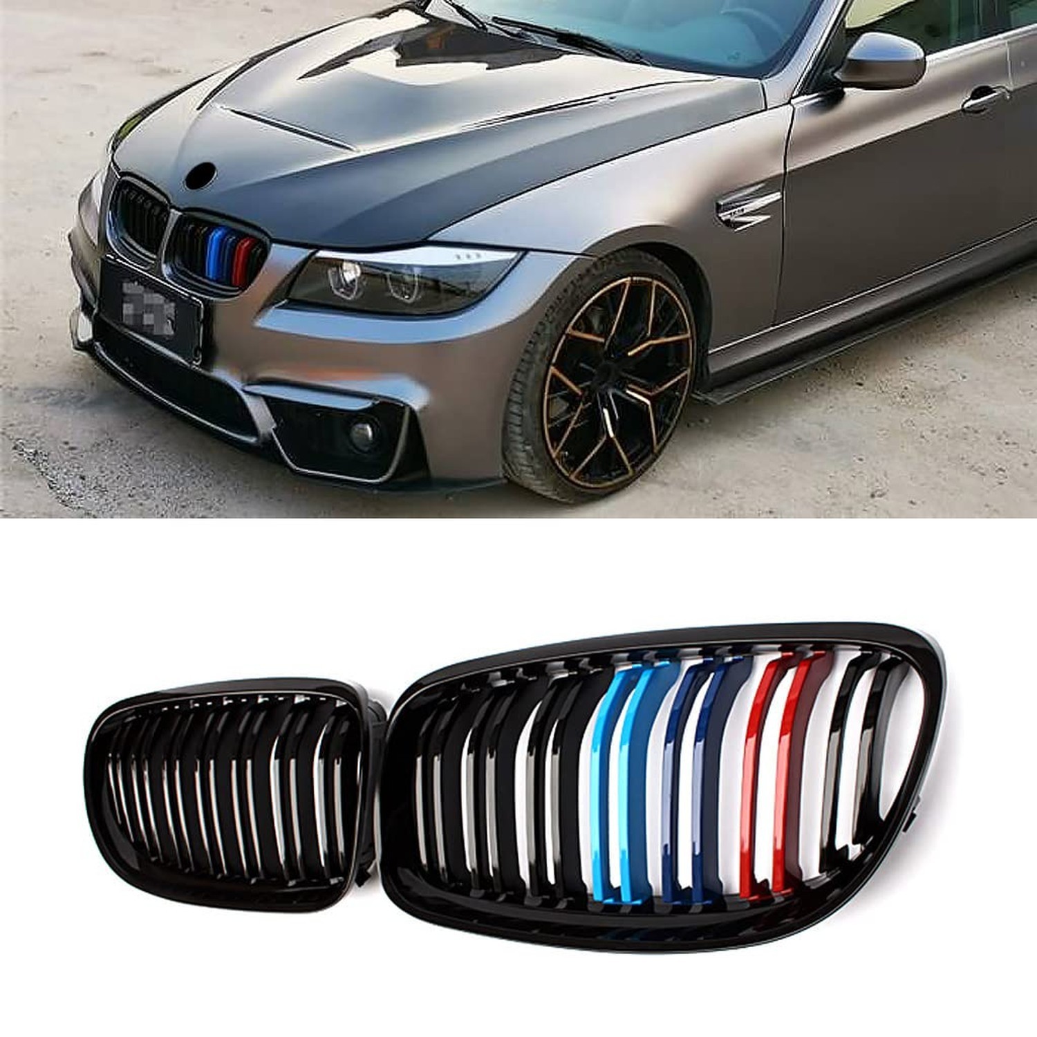 E90 Grill for 2009-2011 BMW 3 Series E90 and E91 (Double Slats M Color Kidney... E90 Grill for 2009-2011 BMW 3 Series E90 and E91 (Double Slats M Color Kidney...