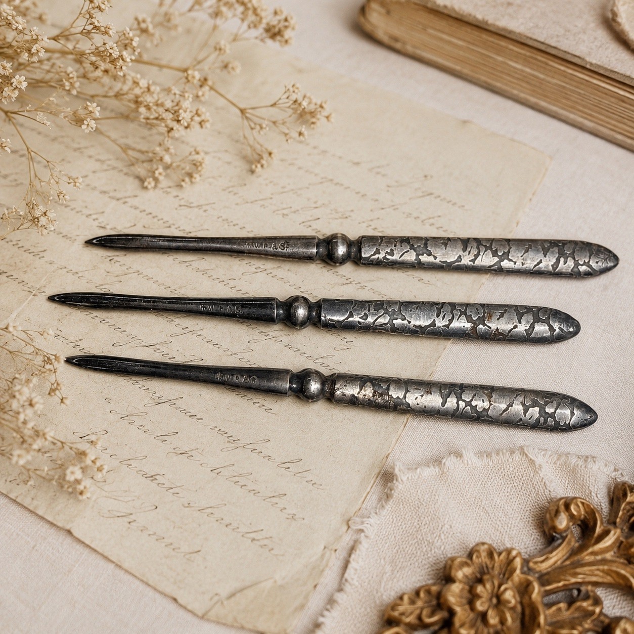 Antique RW&S R Wallace Sons Silverplate Fruit Knives Set of 3 Textured Handles