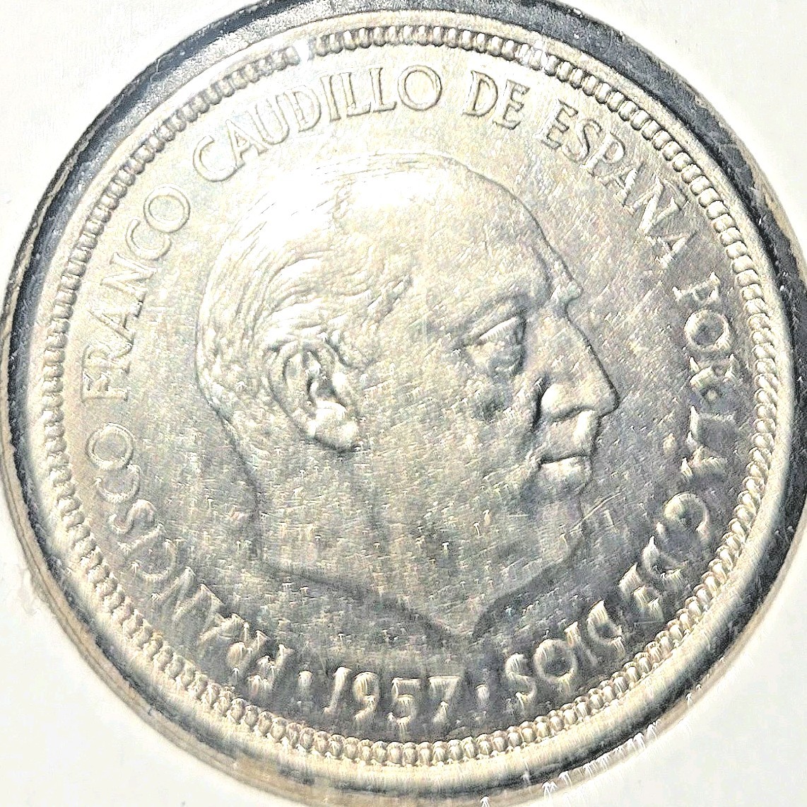 RARE 1957 SPAIN  5 PESETAS COIN