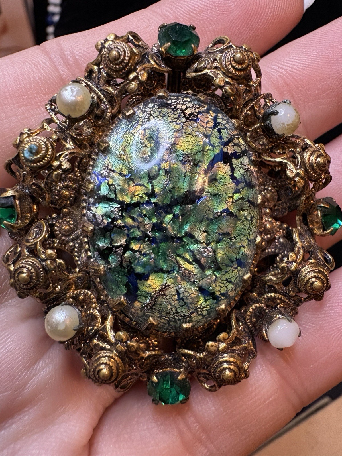 Vintage Dragon’s Breath Art Glass Brooch Ornate Gold Tone Faux Pearl Green