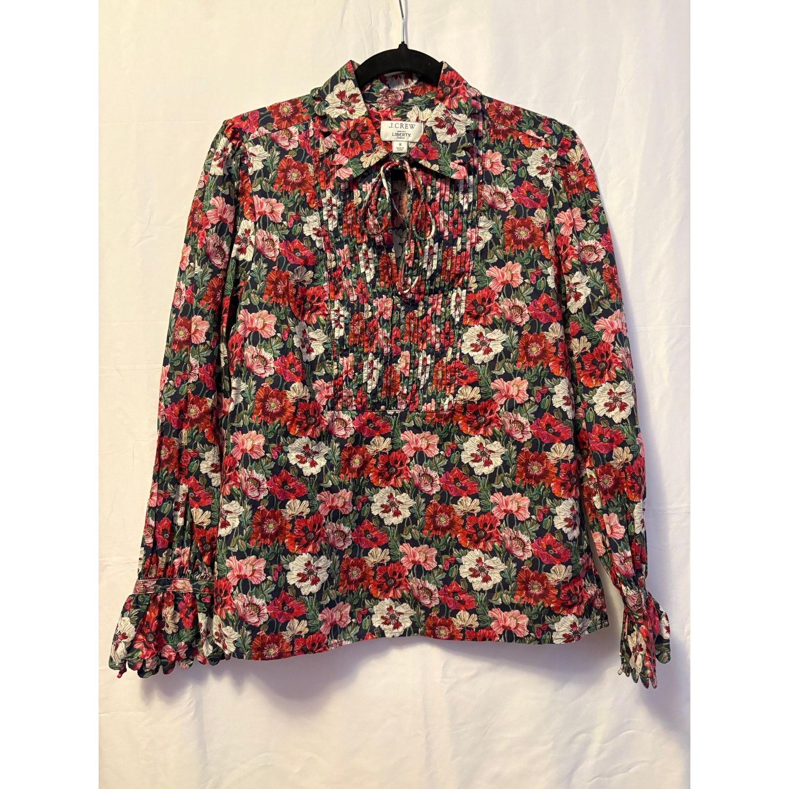 J. Crew Liberty London Scalloped-Sleeve Popover Top Red Tie Collared Sz S