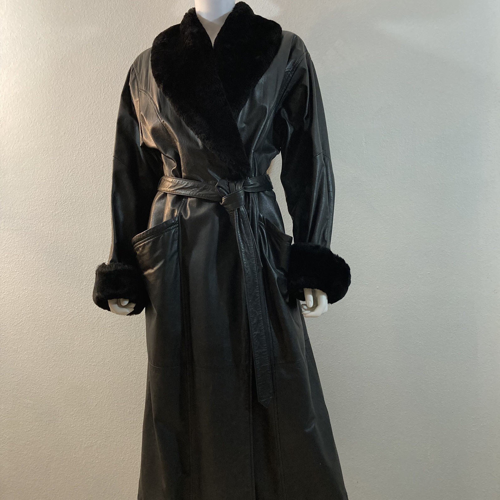 Fur Collar Leather Trench Coat, Vintage 1980’s Long Leather Coat Fur Collar Leather Trench Coat, Vintage 1980’s Long Leather Coat