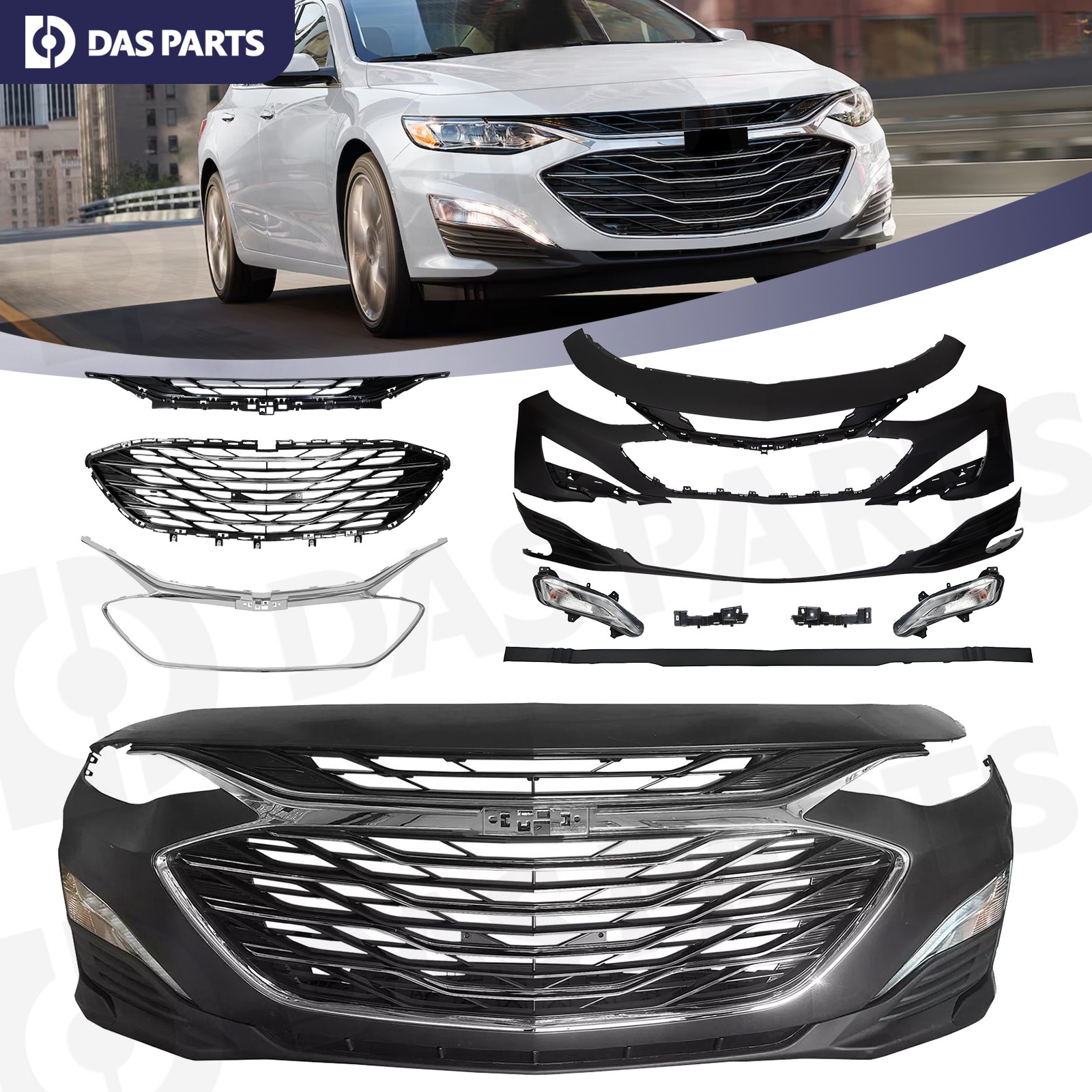 Complete Bumper Cover Upper Lower Grille Fog Lights For 2019-2024 Chevy Malibu