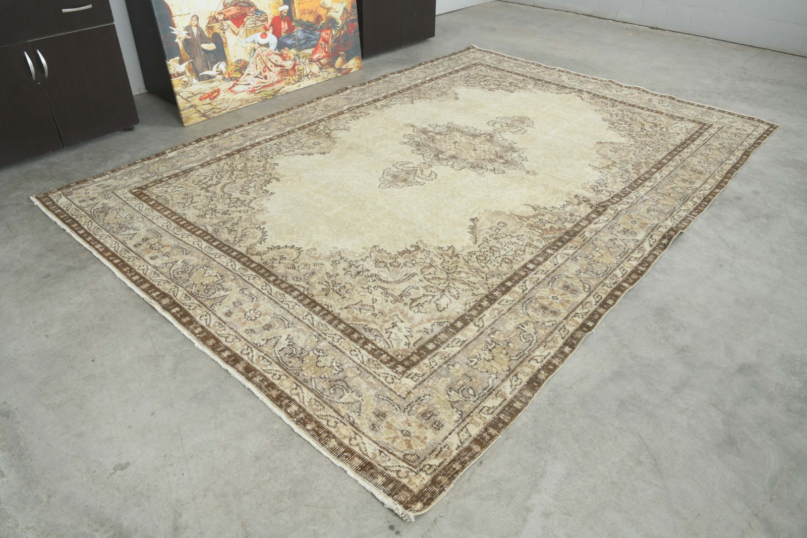 7x10 Turkish Antique Large Wool Rug Hand-Knotted Neutral Vintage Oushak Rug,1049