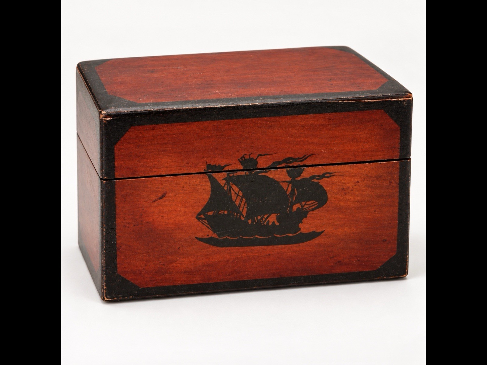 Vintage Wooden Double Deck Playing Card Box Nautical Sailing Ship Divider