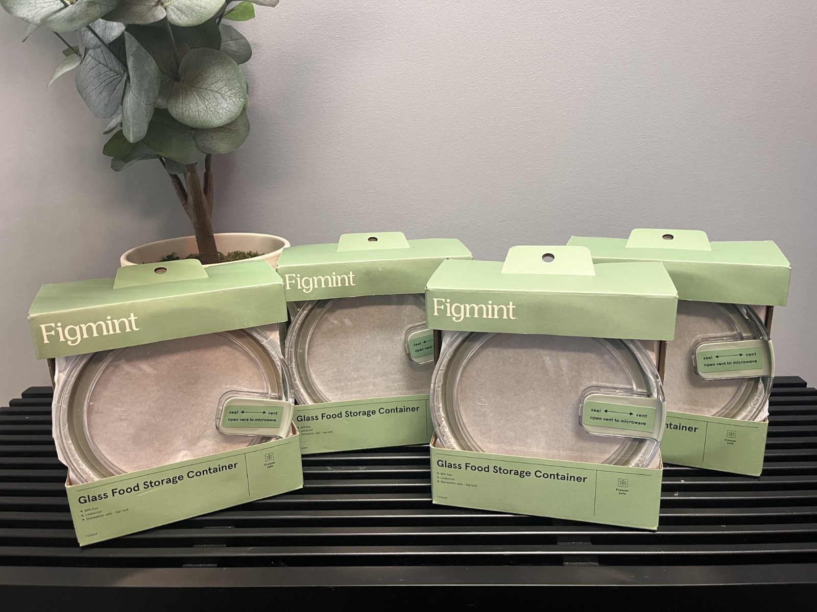 Set of 4, Figmint 4 cup Glass Food Storage Containers - Green NIB