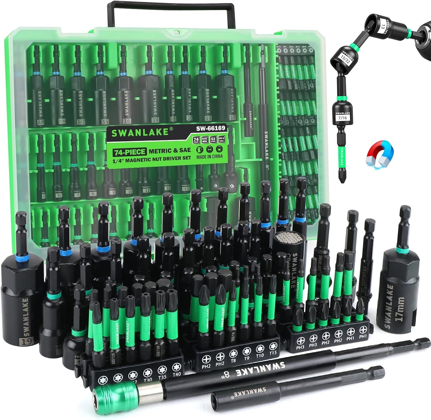 74-Piece Magnetic Nut Driver Set for Impact Drill Metric & SAE, Impact Socket Ad