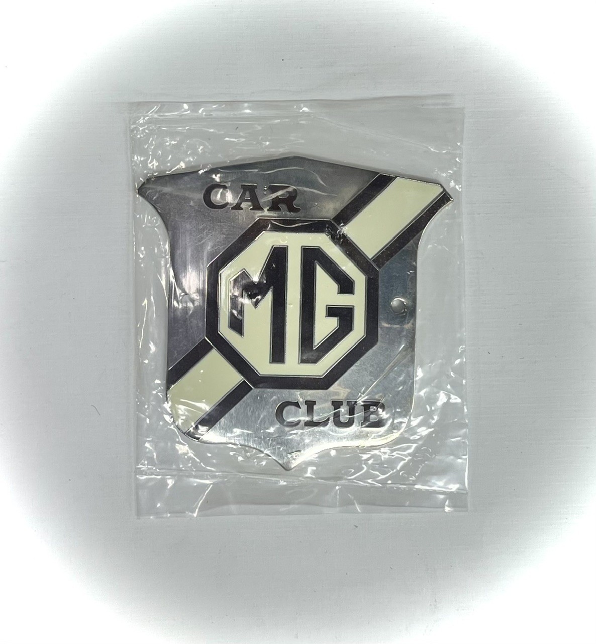 MG Car Club Chrome Badge, NEW,  in package made in UK, MGTD, MGTC, MGA, MGB
