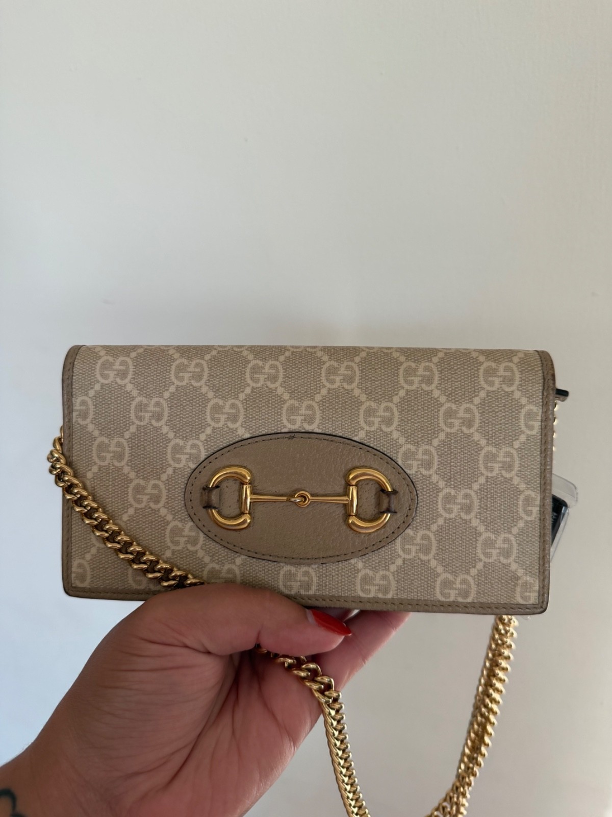 Gucci Horsebit 1955 GG Supreme Wallet Gold Chain Crossbody Purse