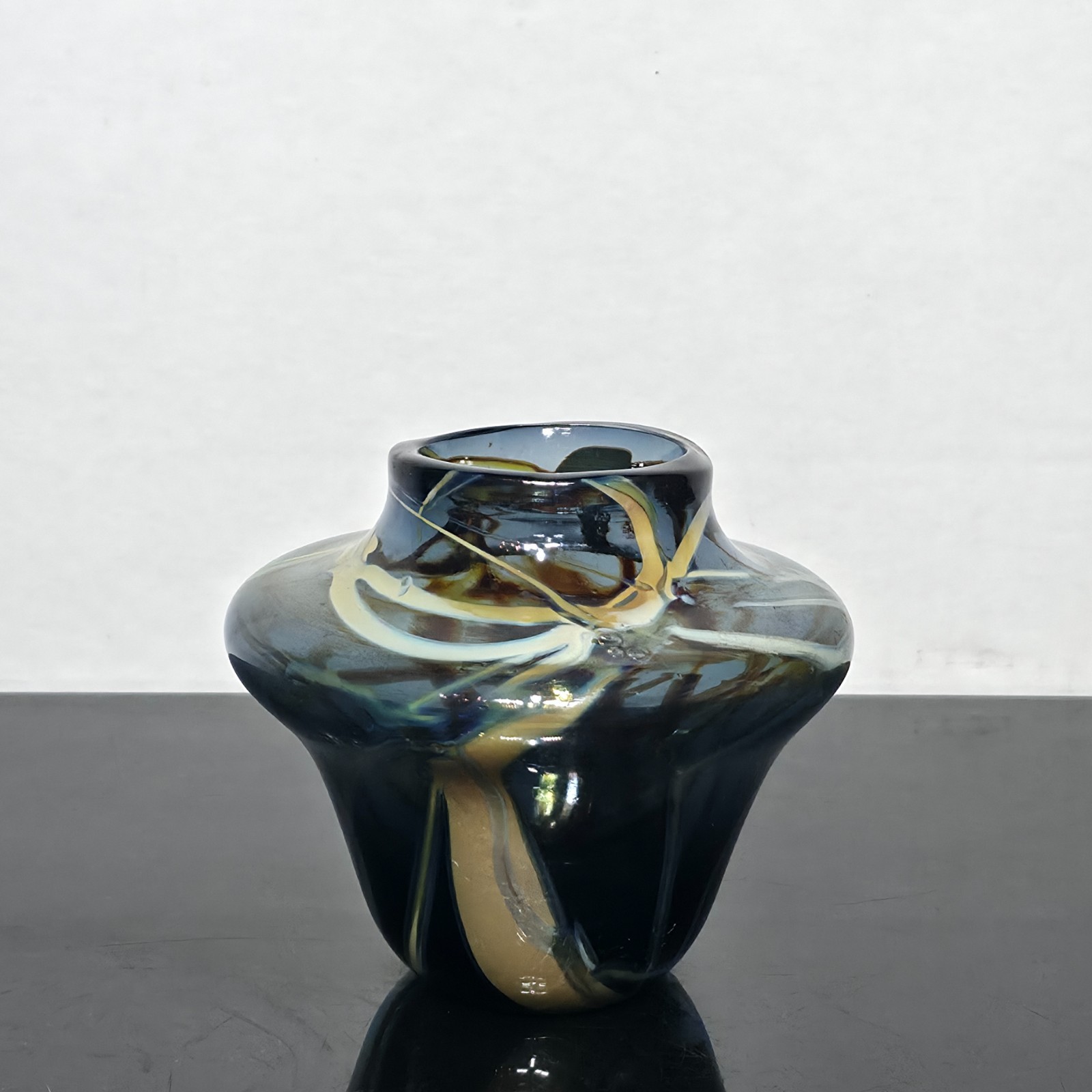 Vintage Hand Blown Studio Art Glass Vase Blue Gold Cream Swirl Vintage Hand Blown Studio Art Glass Vase Blue Gold Cream Swirl