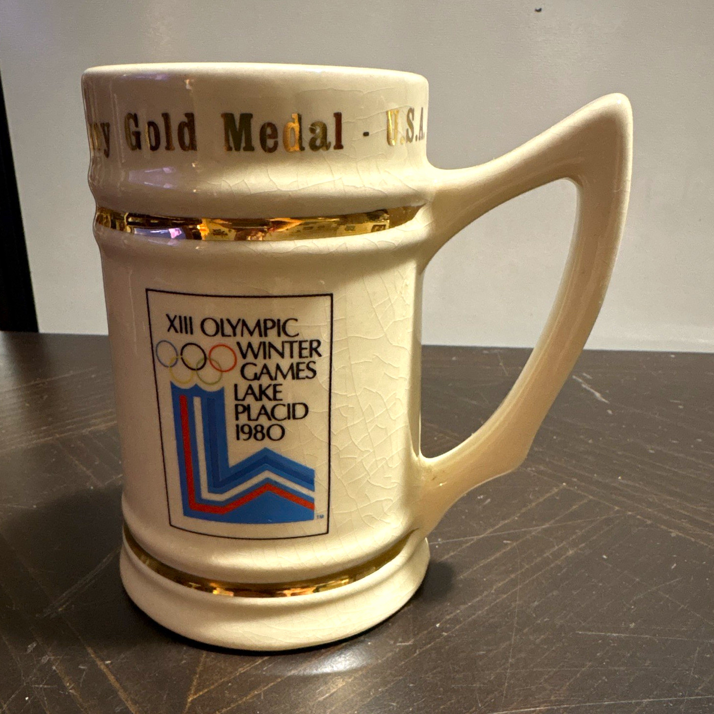 Vintage 1980 Lake Placid Winter Olympics Hockey Gold Medal Beer Stein Vintage 1980 Lake Placid Winter Olympics Hockey Gold Medal Beer Stein