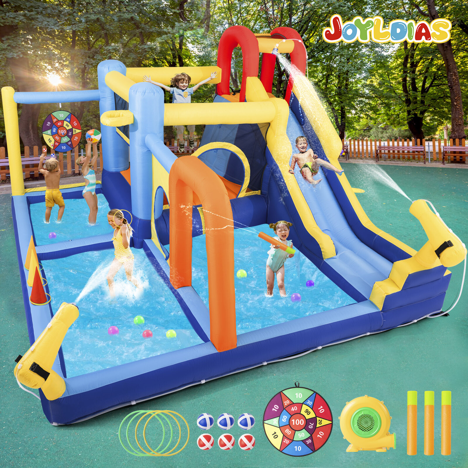JOYLDIAS Inflatable Bounce House Kids Water Slide Park Splash Pool w/550W Blower JOYLDIAS Inflatable Bounce House Kids Water Slide Park Splash Pool w/550W Blower