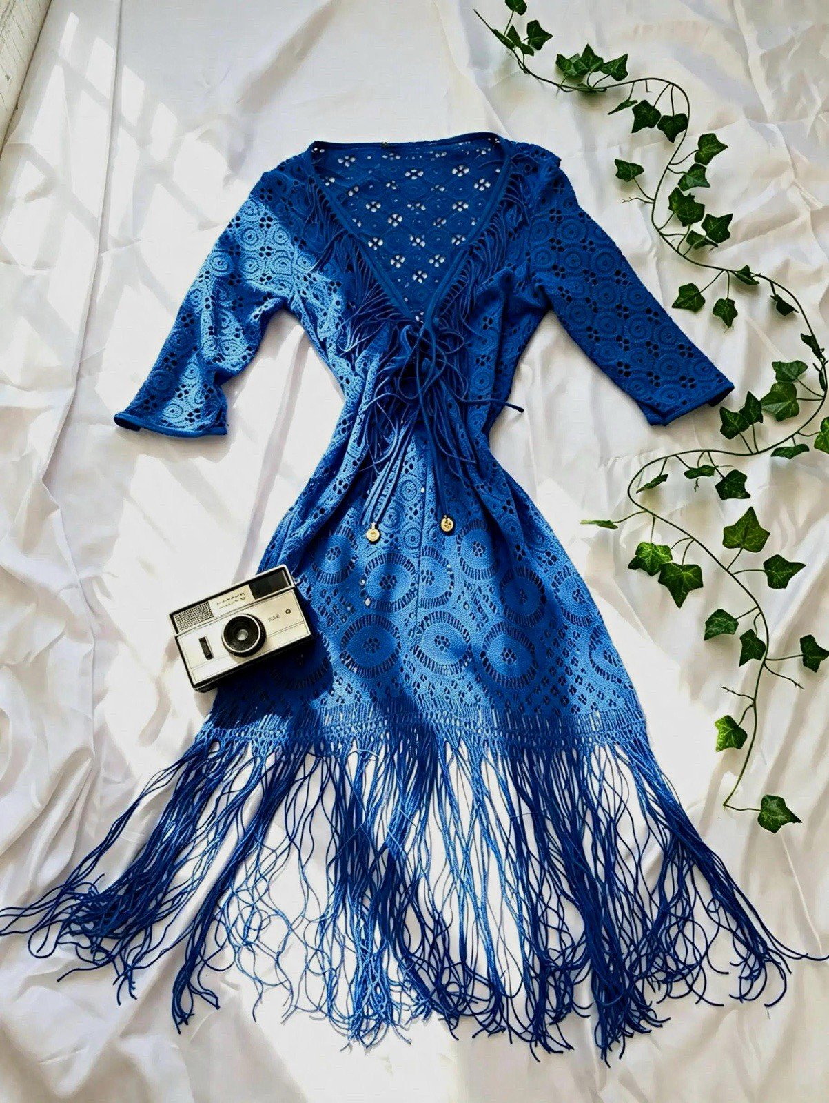 Stunning NWT Blue Boho Crochet Cover Up/ Dress- Festival Beach Blue Fringe Dress Stunning NWT Blue Boho Crochet Cover Up/ Dress- Festival Beach Blue Fringe Dress