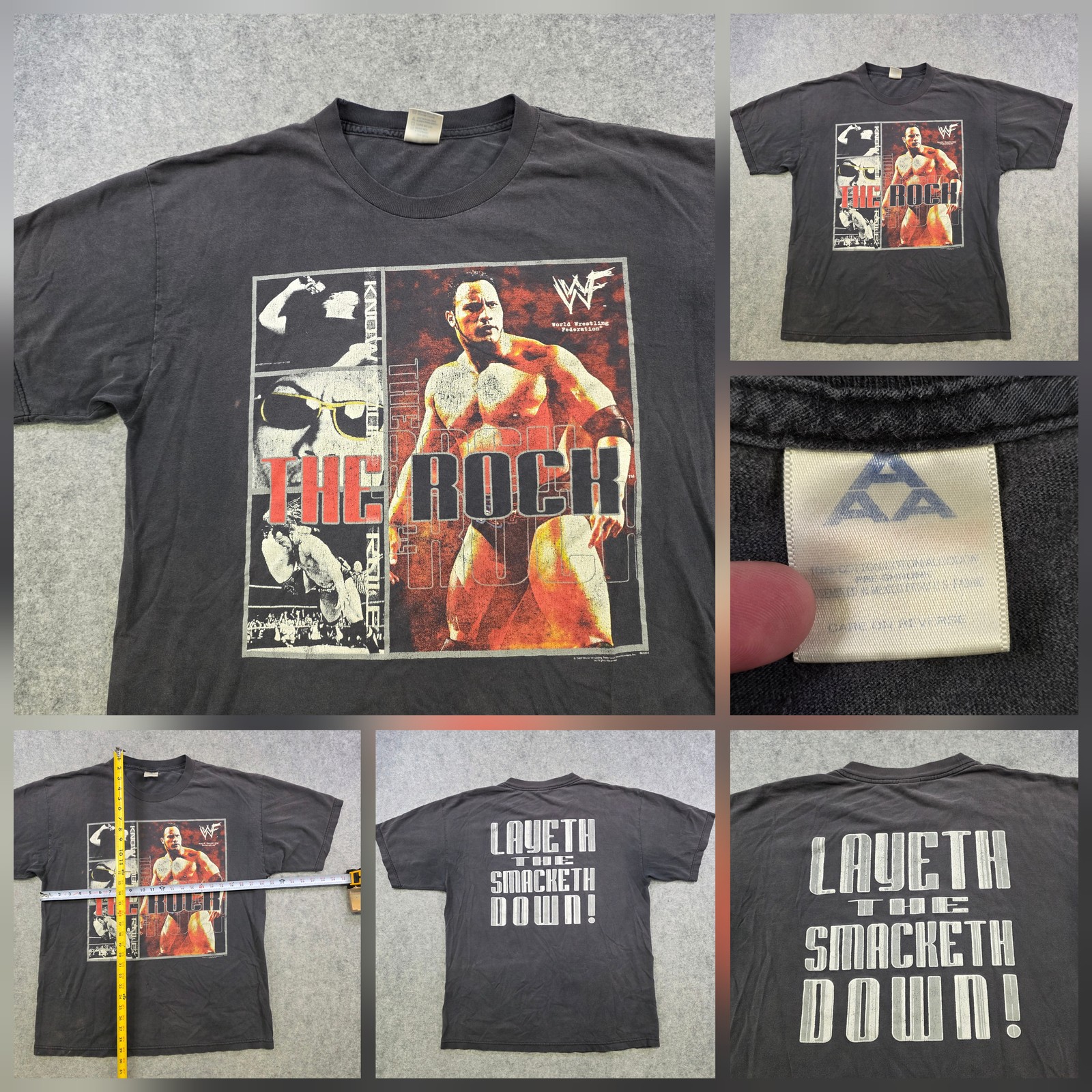 VTG The Rock T Shirt Mens L Black WWF Wrestling Layeth Smacketh Down AAA 2000