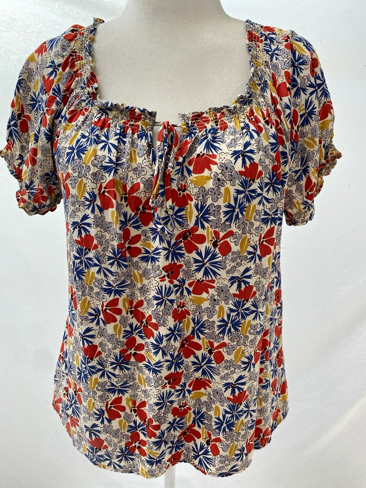 Boden Floral Peasant Blouse - 12 - Scoop Neck Tie Accent - NWOT