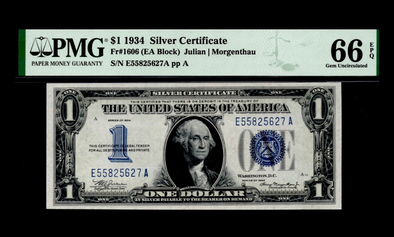 1934 $1 Silver Certificate. FR: 1606. PMG Graded: 66 EPQ. 