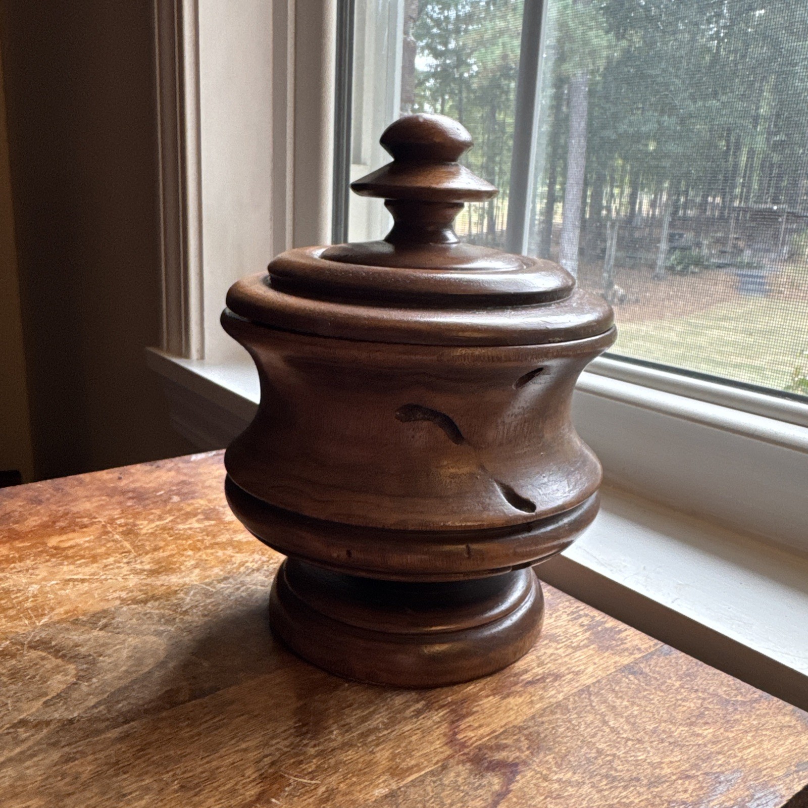 Antique Wood Turned Walnut Treen Vanity Jar /sewing Caddy