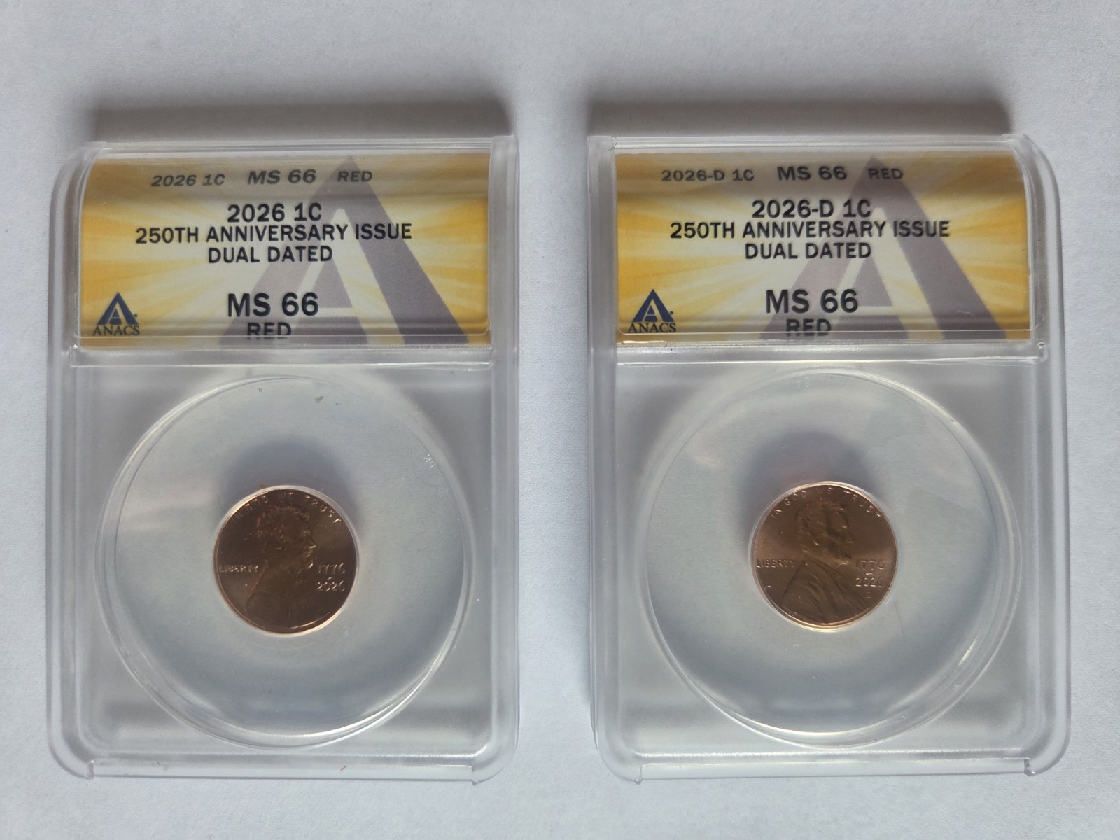 2026 and 2026-D Set - 250th Anniversary Issue Dual Dated Cents - ANACS MS 66 Red