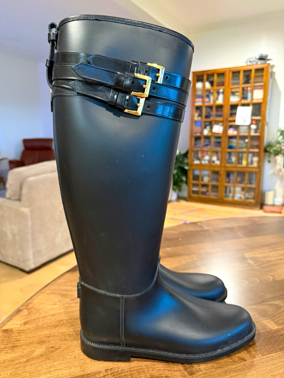 Burberry Women’s Black Rubber Knee High Riding Boots Buckle Round Toe EU 40