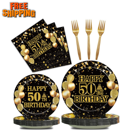 96 Pcs 50th Birthday Plates and Napkins Set, Black Gold, Serves 24 Black and go