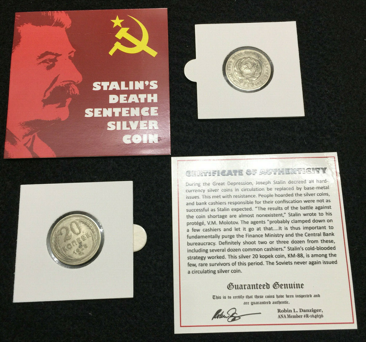 Stalin\'s Death Sentence Silver Coin 20 kopek KM 88 COA & History & Album Inc.