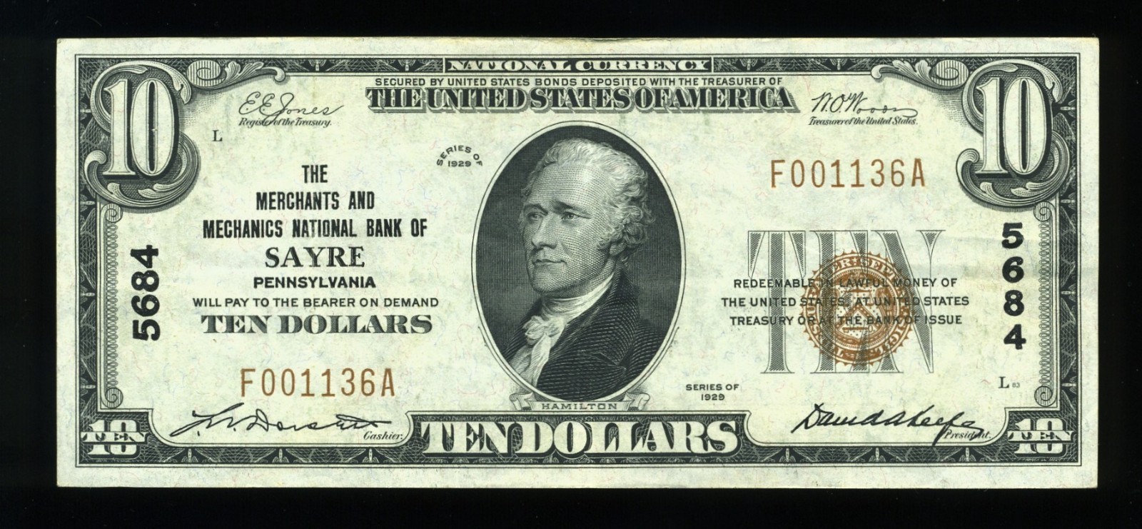1929 $10 THE MERCHANTS NB OF SAYRE PA