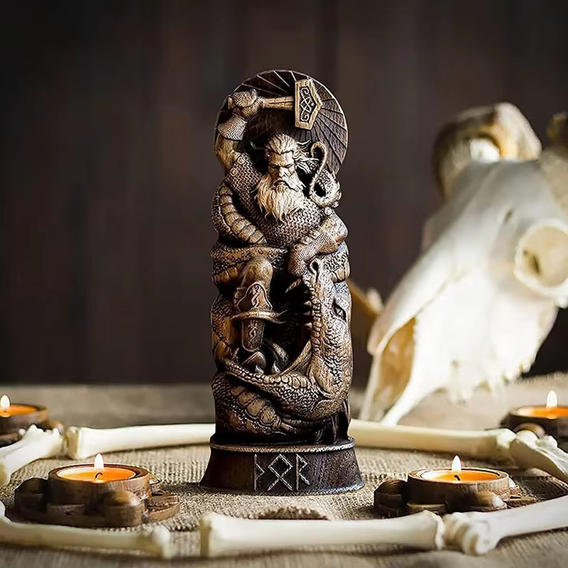 Norse God Statue Thor Viking Mythology Resin Idol Pagan Altar Decor 8.6”