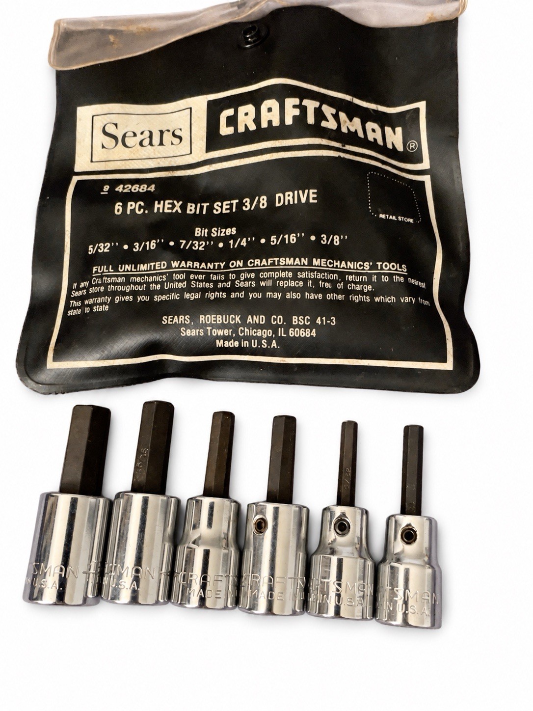 Vintage Craftsman 42684 6-Pc SAE Hex Bit Socket Set 3/8 Drive USA Pouch