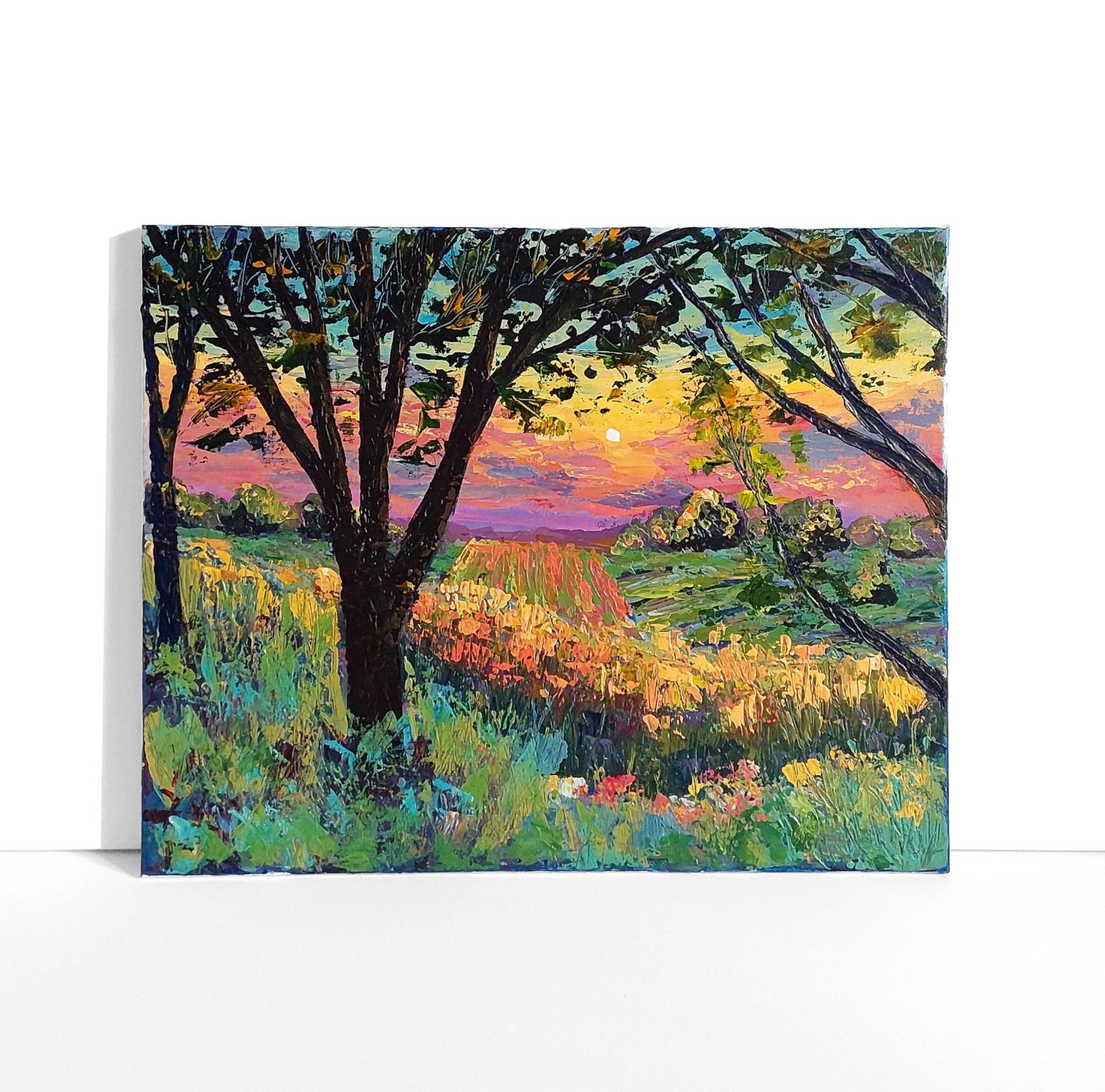 Original Sunset Landscape Wheat Field Tree Impressionist Painting 16x20 Canvas