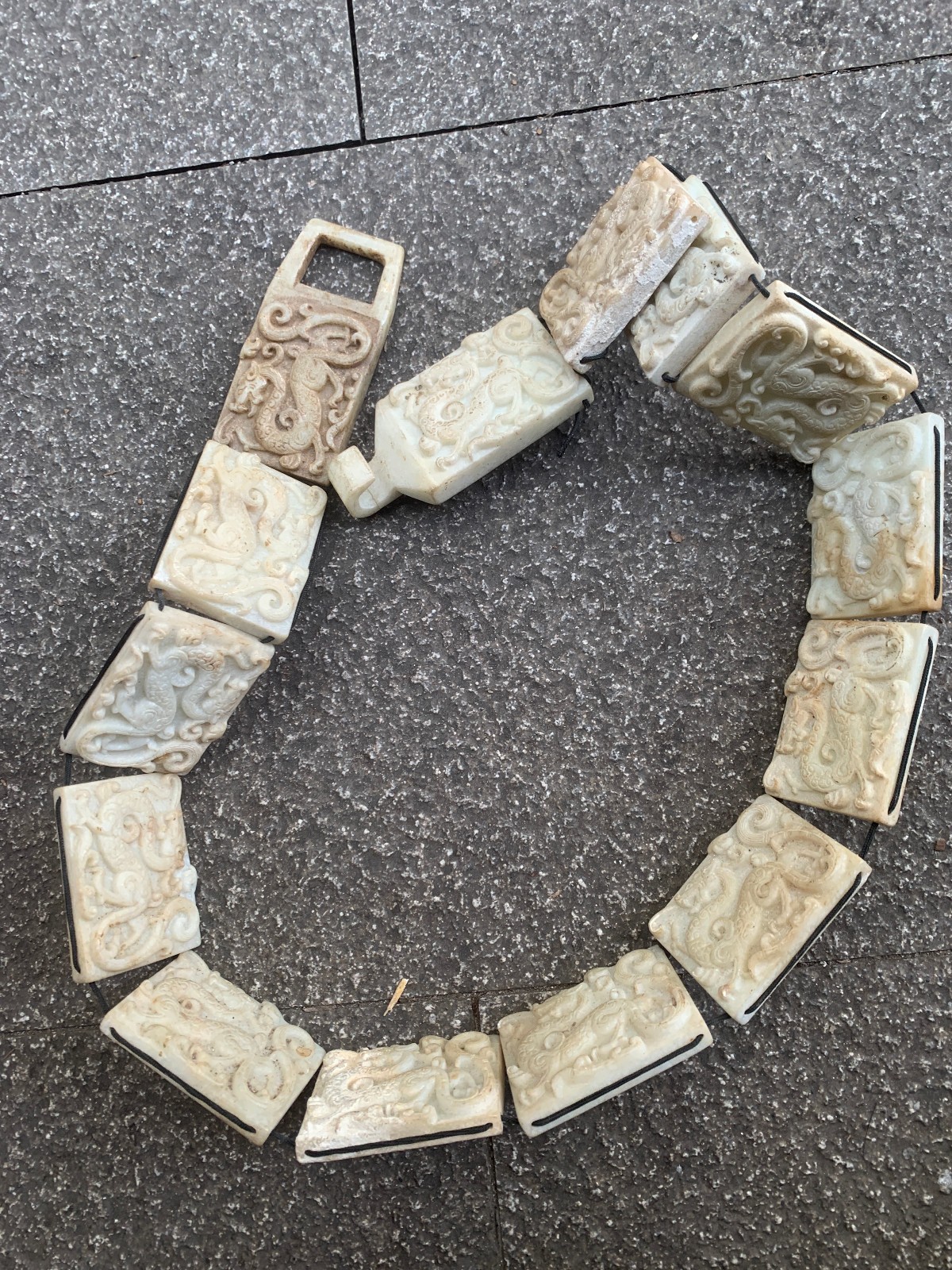37.5 Inches Unique Excellent Rare Chinese Old White Jade Hand Made *Dragon* Belt