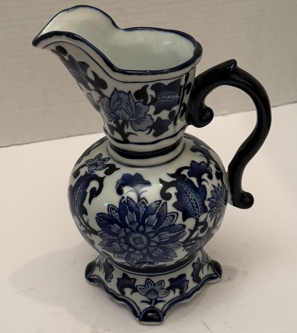Gorgeous Vintage Blue And White Pitcher 8.75” Tall