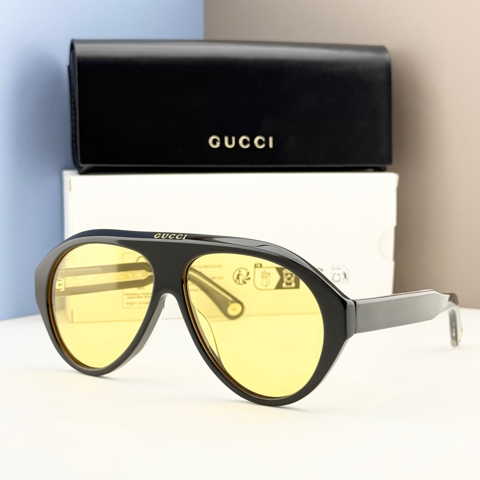 Gucci GG0479S Aviator Sunglasses Black Frame Yellow Lens Unisex Italy Gucci GG0479S Aviator Sunglasses Black Frame Yellow Lens Unisex Italy
