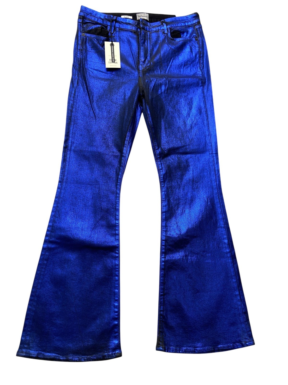 River Island Flare Jeans Womens 33x29.5 Blue Metallic Denim Edition 16R