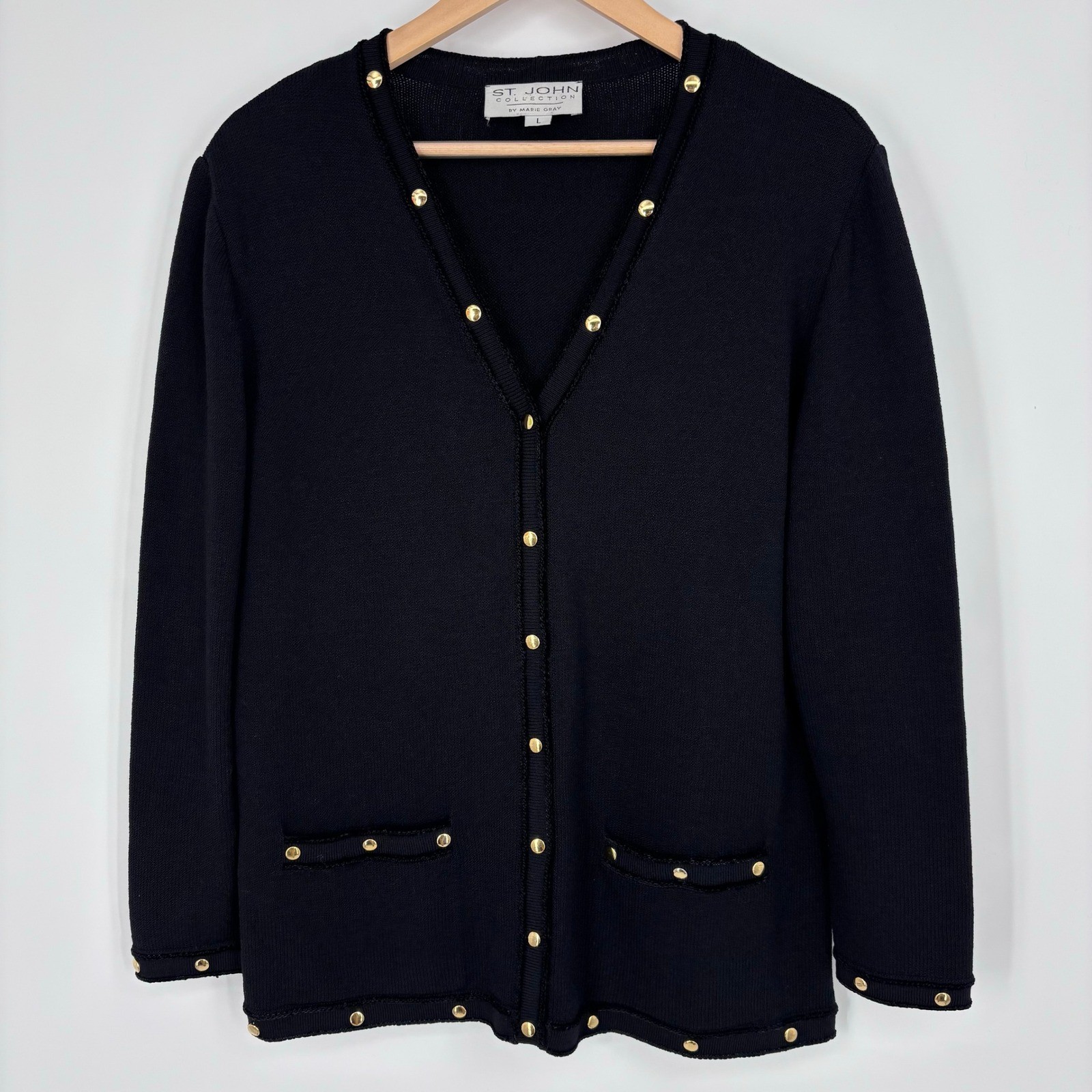 St. John Collection Marie Gray Santana Knit Cardigan Jacket Women L Black Gold