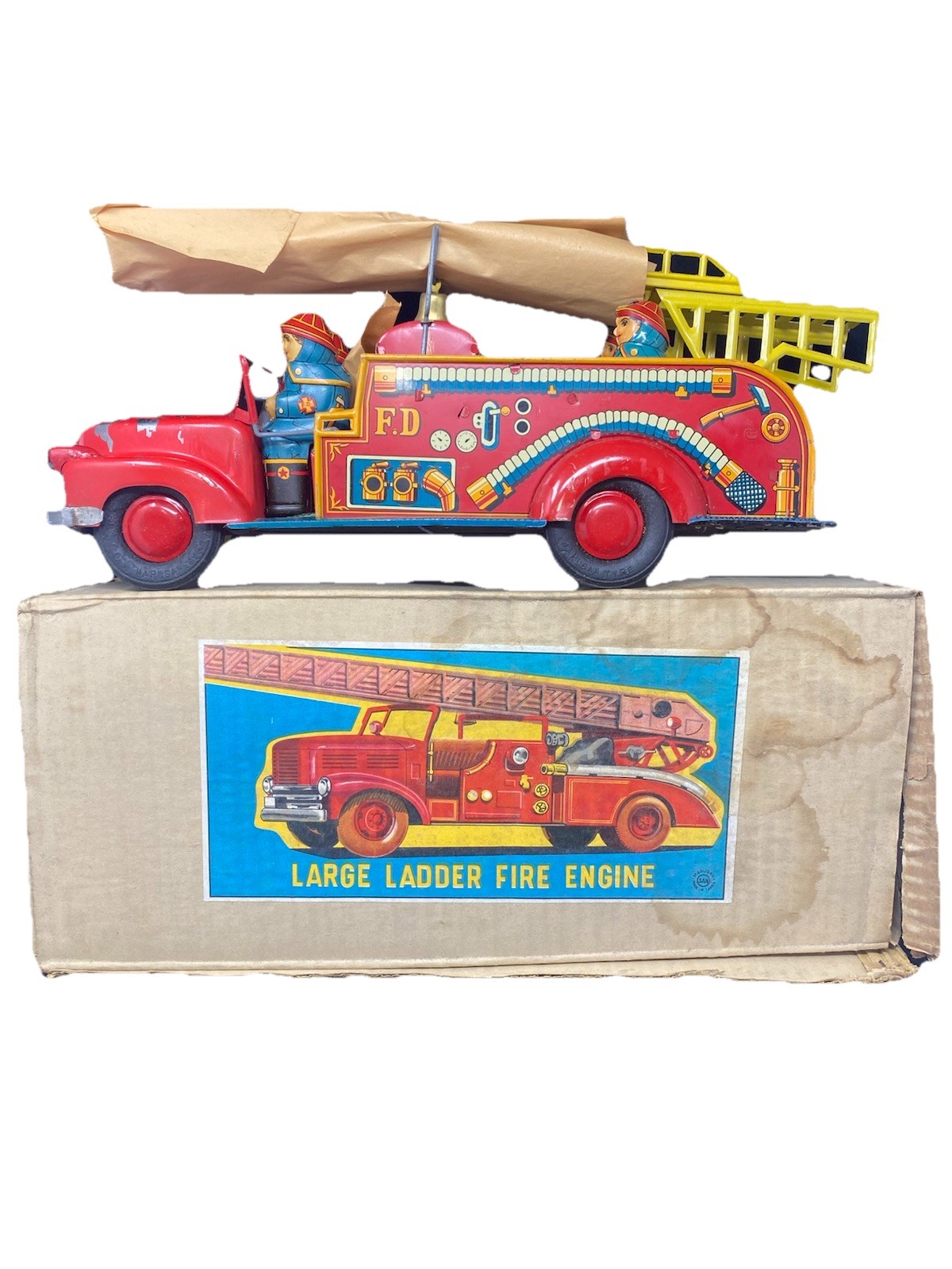 Large Vintage 1950s Friction Ladder Fire Engine Firetruck Tin Toy Marusan Japan