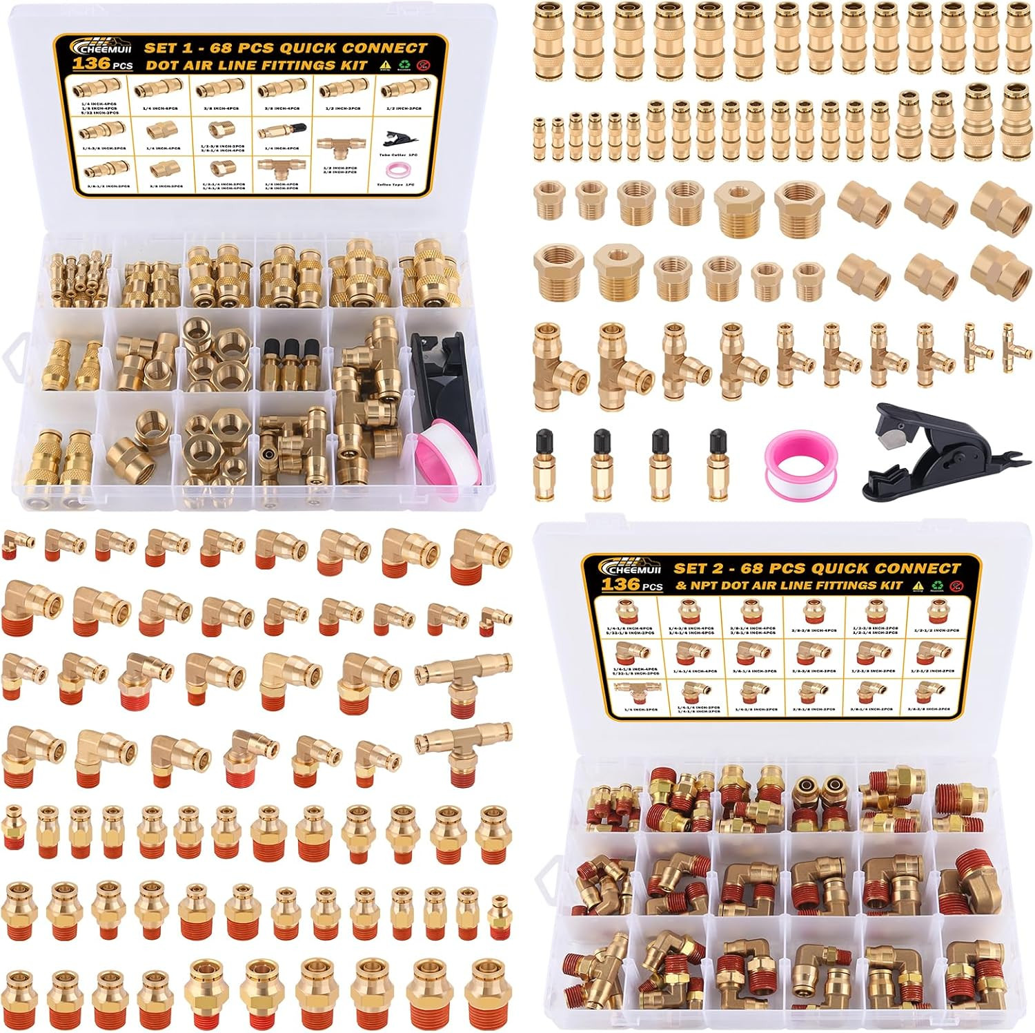 136 Pcs Brass DOT Air Line Fittings Kit Push Lock DOT Air Fittings