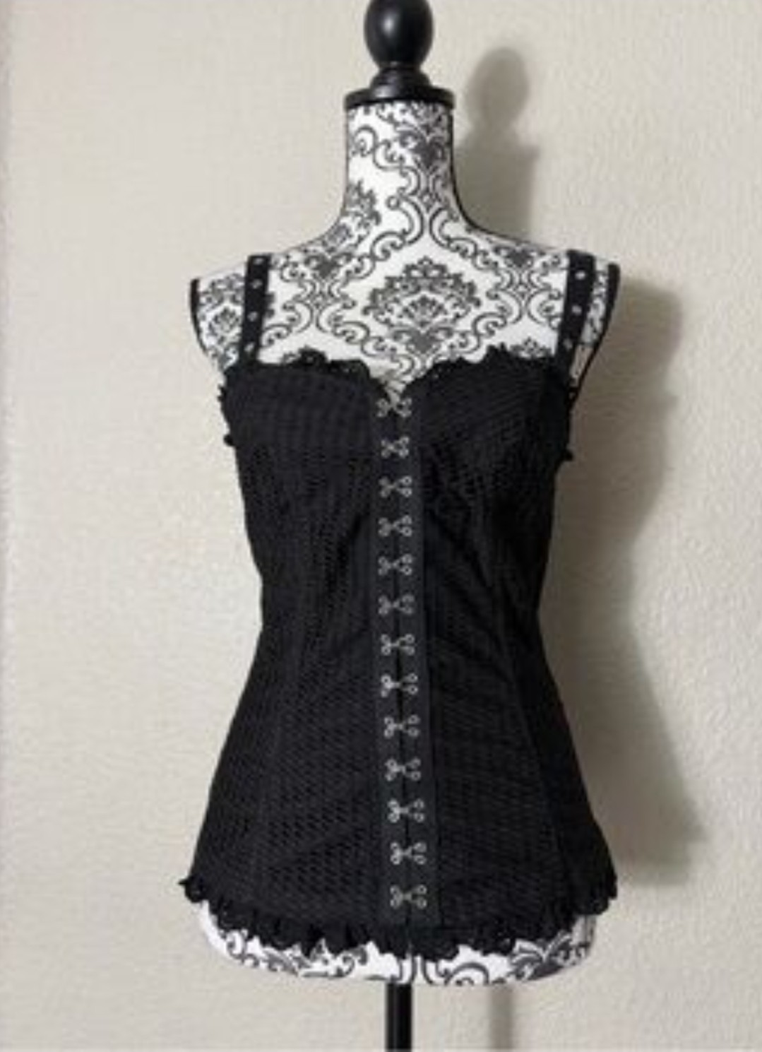 Y2K VTG Royal Bones Tripp Corset Lace Fishnet Black Top - XL Emo Gothic Rave 90s