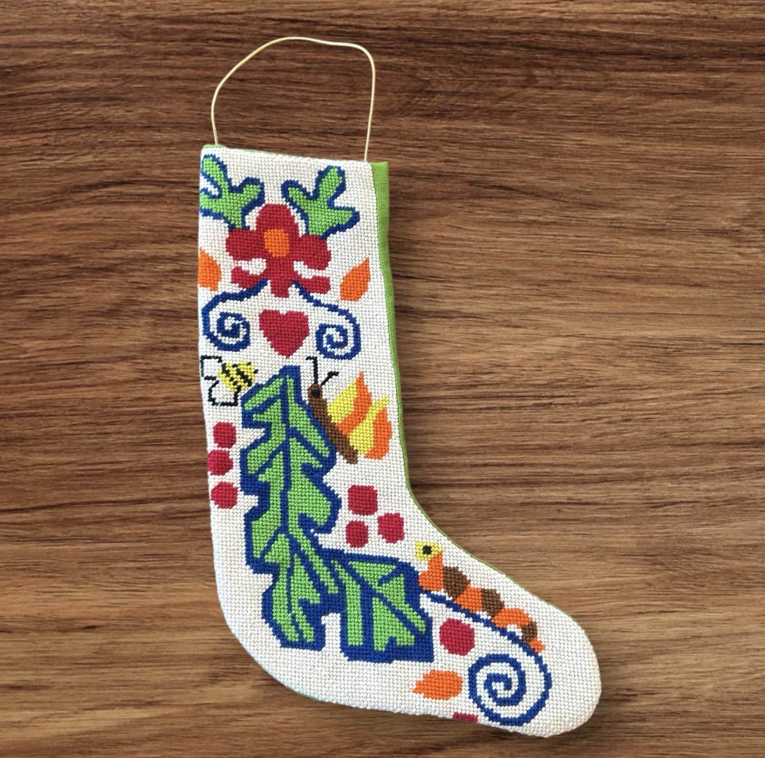 Handmade Needlepoint Christmas Stocking Folk Art Scandi Pennylvania Dutch Retro