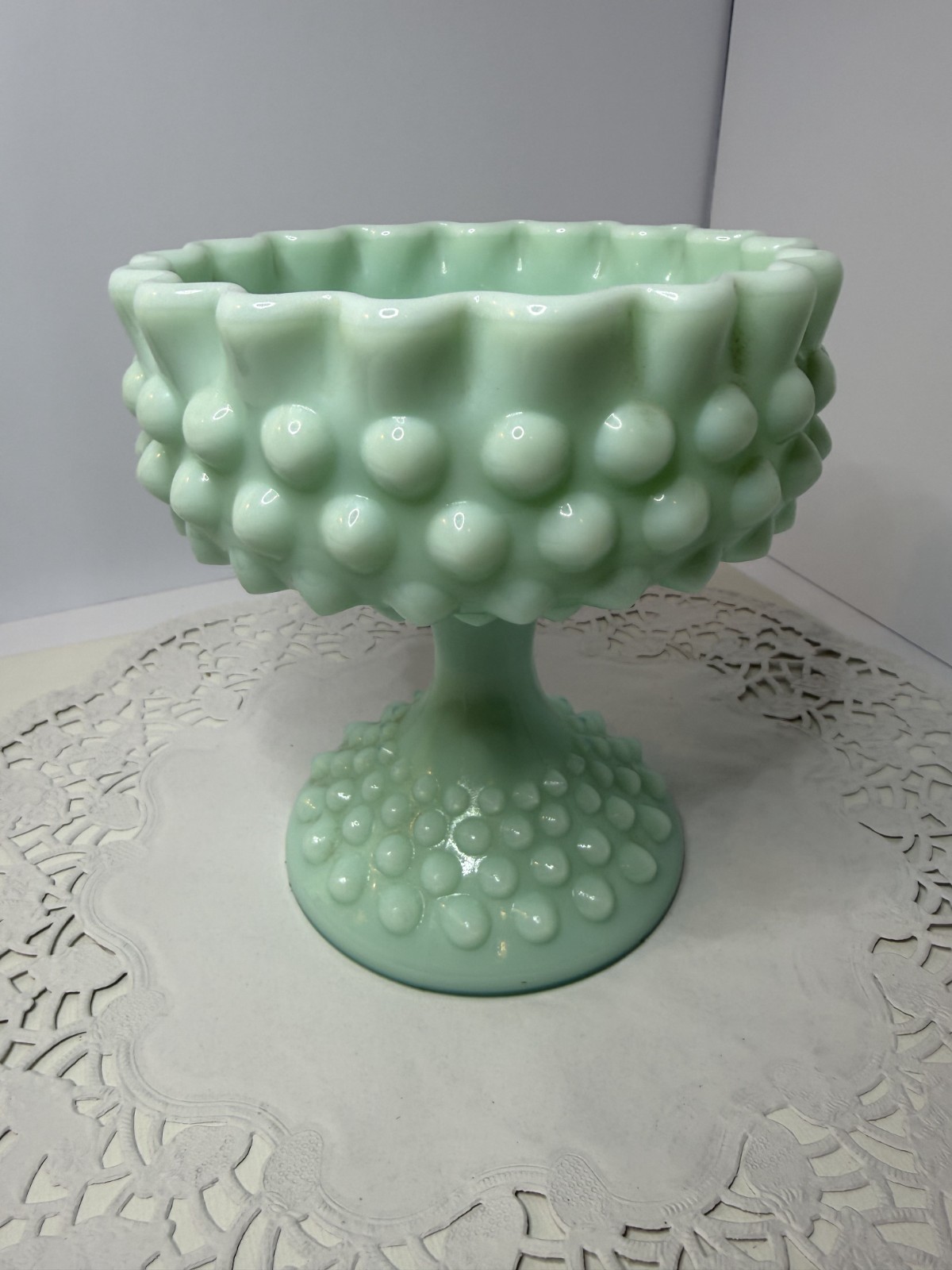 Rare Antique 1950’s Pastel TURQUOISE Fenton Aqua Milk Glass Hobnail Candy Dish Rare Antique 1950’s Pastel TURQUOISE Fenton Aqua Milk Glass Hobnail Candy Dish